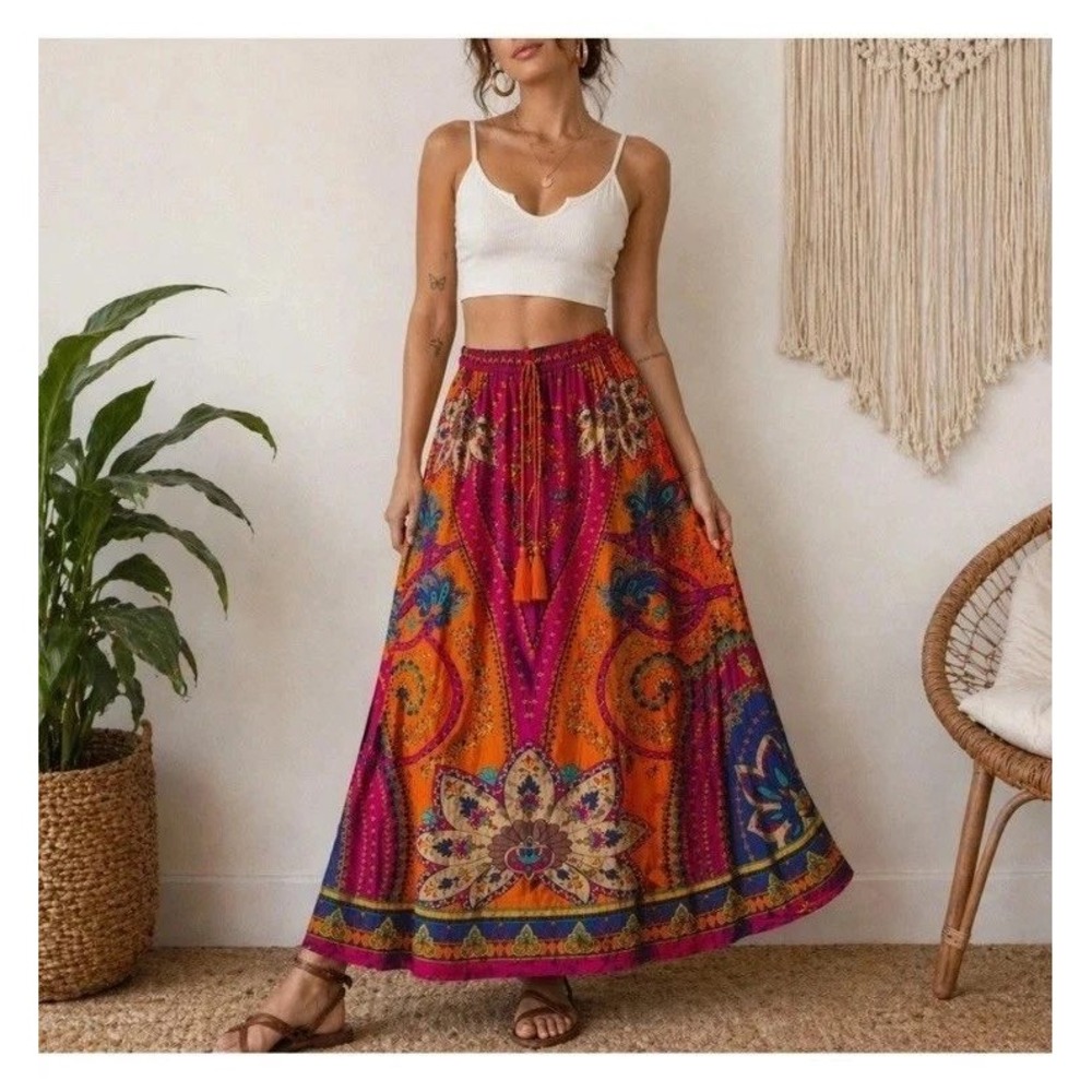Soft Surroundings Maxi Skirt Womens PL Pink Orange Paisley Boho Tassel 2GW71